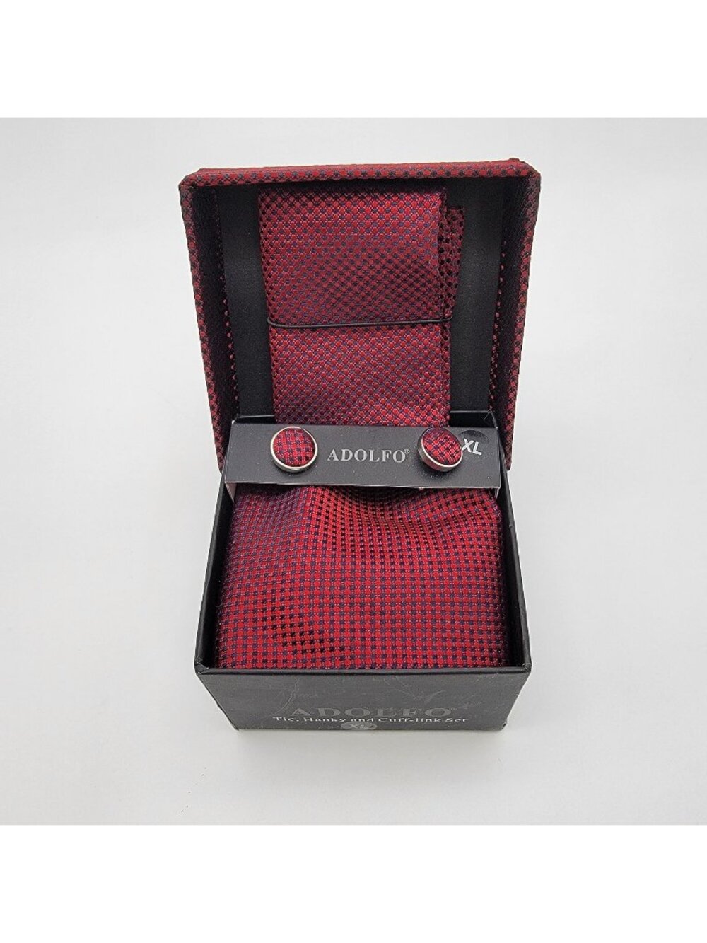 Vintage Adolfo Tie Pocket Square & Cufflink Set Burgundy Geometric
